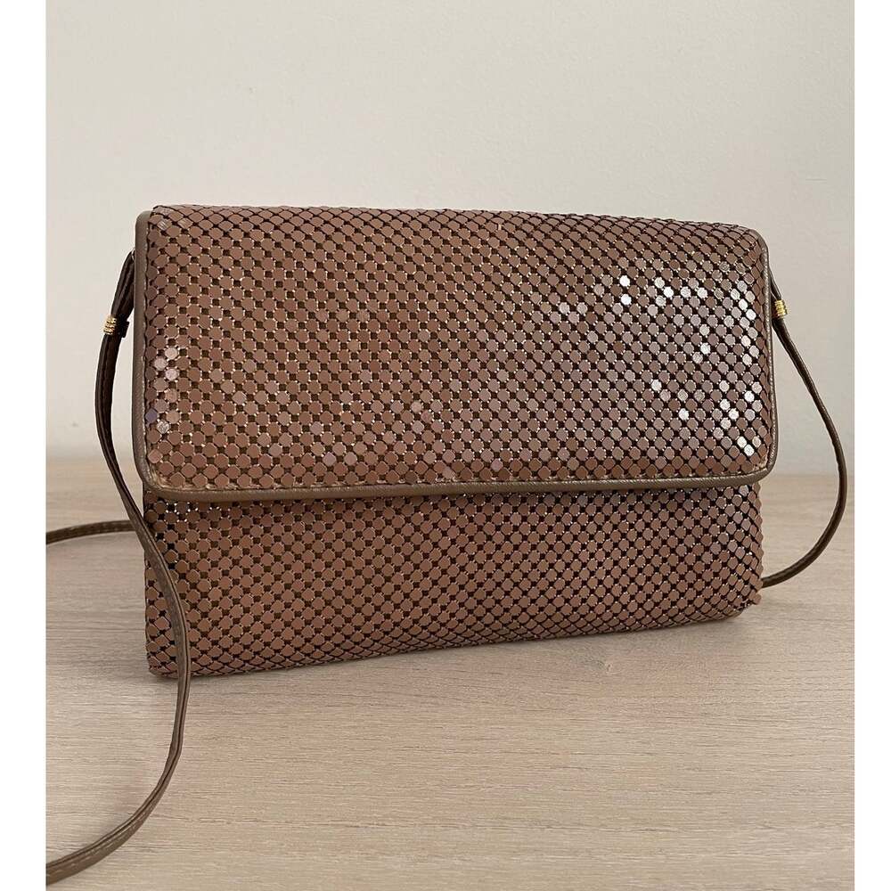 Vintage 70s 80s Metal Mesh Crossbody Clutch Bag Taupe Brown Disco Retro Glam